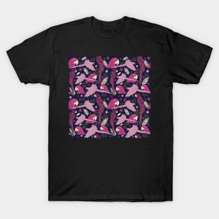 Ara Parrot Tropical Leaves Pink on Dark Blue T-Shirt